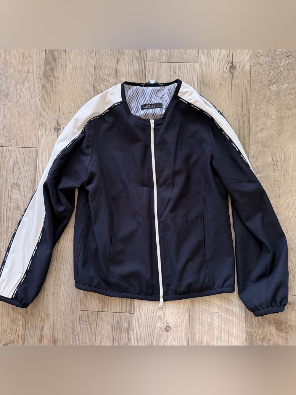 Marc Cain Navy Zip-Front Jacket with White Sleeve Stripes